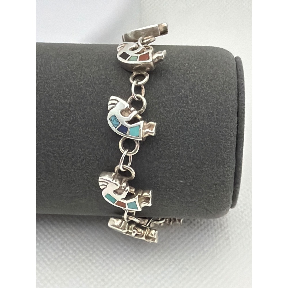 Artisan Kokopelli Bracelet Unisex 7.5in Silver Excellent Multi-Stone Inlay 925